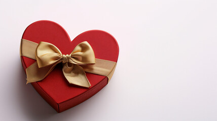 Red heart shaped box with golden bow isolated on pink- white surface, Valentine's Day gift, ai generative