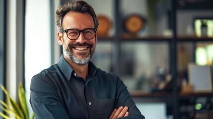 Male boss smiling with glasses in office - obrazy, fototapety, plakaty