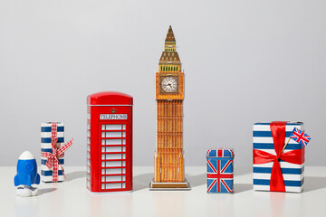 Symbols of Great Britain, Big Ben, tea box and flag.
