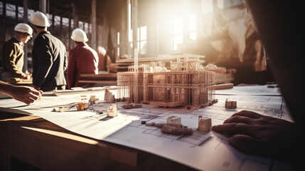 Construction and structure concept of Engineer or architect meeting for project working with partner and engineering tools on model building and blueprint in working site, contract for both companies. - obrazy, fototapety, plakaty