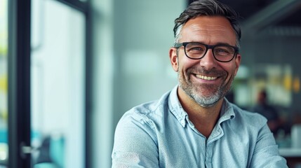 Male boss smiling with glasses in office - obrazy, fototapety, plakaty