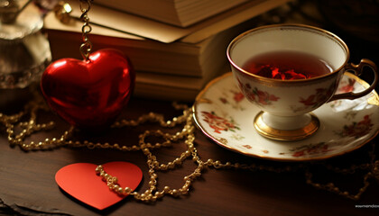 Illustrate a teacup as a decorative goblet, filled with hearts, and a basket brimming with heart shaped tea bags or love themed gifts. Leave space for a warm Valentine's note.