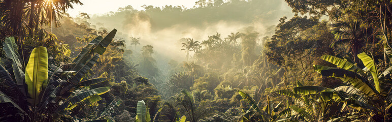 Rainforest panorama in warm sunlight - obrazy, fototapety, plakaty