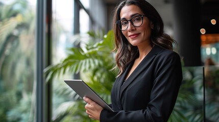  A businesswoman confidently working on her tablet.