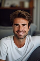 Fototapeta premium Smiling Man Sitting on White Couch