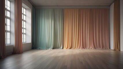 Empty gallery studio with plain pastel colored wall and colorful curtain drapes from Generative AI