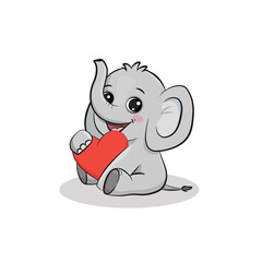 Cute cartoon elephant with red heart isolated on white background . Postcard for Valentine's Day, Mothers day. Vector illustration