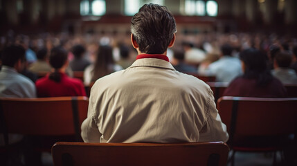 Fototapeta premium Rear view of unrecognizable people in audience at the conference hall. Business and entrepreneurship concept.