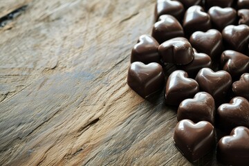 Chocolate heart-shaped candies on white wooden background, copy space.