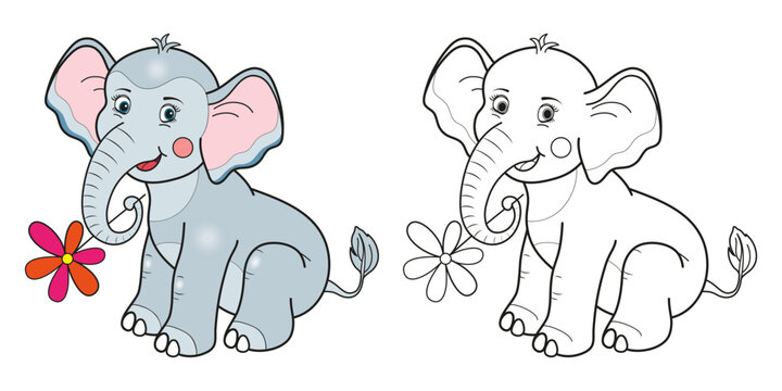Happy elephant cartoon line and color. Cartoon vector illustration for coloring book