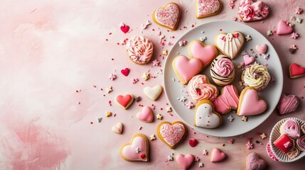 Obraz na płótnie Canvas Heart-shaped cookies and treats, valentine theme, copy space.