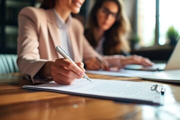 Business woman lawyer attorney showing document to man client providing advisory services, professionals discussing tax papers working in office at meeting. Legal consultancy concept. Generative AI