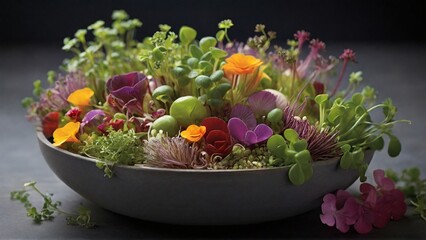Obraz na płótnie Canvas Explore the world of garnishes. Focus on the intricate details of herbs, microgreens, or edible flowers that add a touch of freshness and visual appeal. - Generative AI