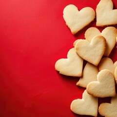 Heart-shaped cookies on red background with copy space.