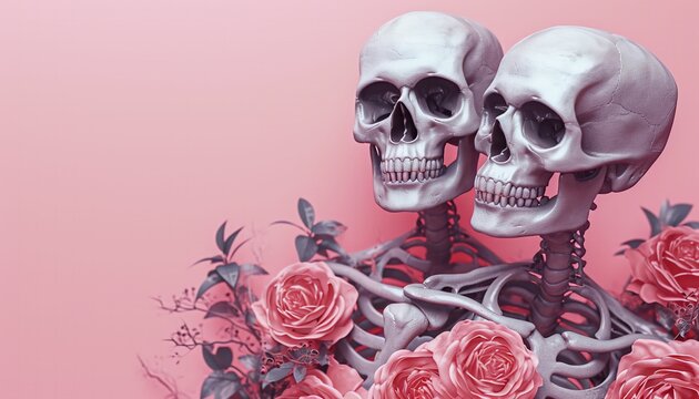 3D Render A couple of skeletons with roses on pink background. Valentine's concept.