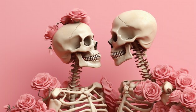3D Render A couple of skeletons with roses on pink background. Valentine's concept.