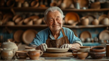 senior man clay artist working in his studio with spinning pottery wheel
