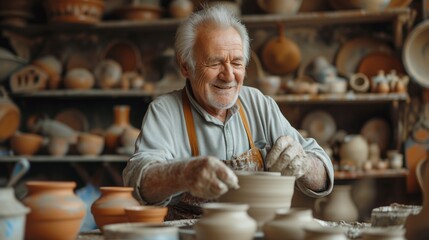 senior man clay artist working in his studio with spinning pottery wheel