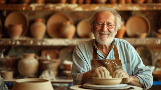 Senior Man Clay Artist Working In His Studio With Spinning Pottery Wheel