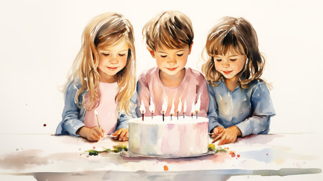 Watercolor of Group of happy and enjoy kids have fun celebrating her birthday with Multinational friend kids birthday celebratiion party.