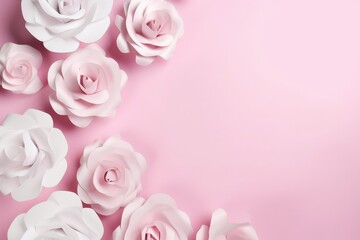 white greeting card mockup, white roses, top view ::1 pink background.