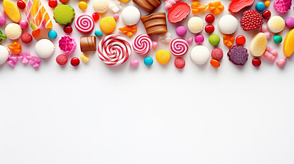 colorful background with composition with many different yummy candies on white background - obrazy, fototapety, plakaty