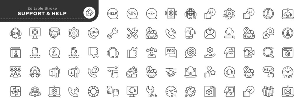 Set of line icons in linear style. Set - Support and Help. Customer service and technical support. Outline icon collection. Pictogram and infographic. Editable stroke.	