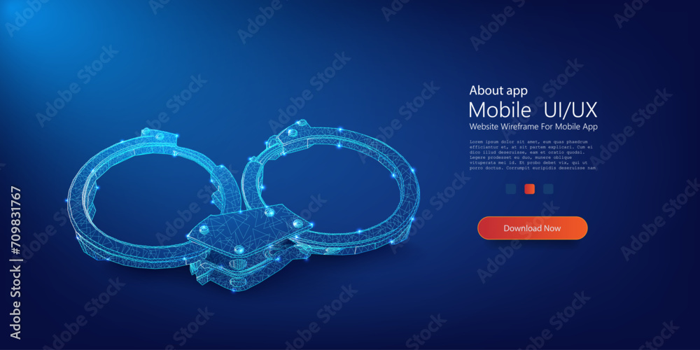 Poster futuristic 3d digital handcuffs concept illustrating cybersecurity and technological restrictions. o