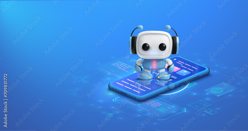 Poster adorable 3d robot character interacting with advanced technology smartphone interface. chat ai techn