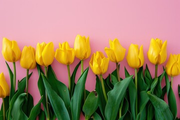 Yellow tulips with text space, pink background, hyper quality, large copy space.