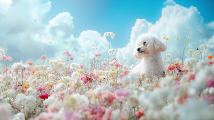 pet dog, Puppy in heaven, Bichon, puppy playing in a flower field, relaxing photos, cute photos. Generative AI