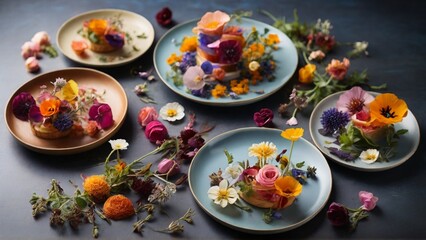 Explore the floral elements in food. Highlight dishes infused with floral notes, or focus on edible flowers that enhance the visual and aromatic aspects.- Generative AI - obrazy, fototapety, plakaty
