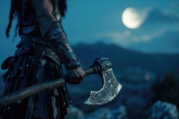 Close-up of a female Spartan warrior's hands gripping a battle-axe, against a backdrop of a moonlit Greek terrain.