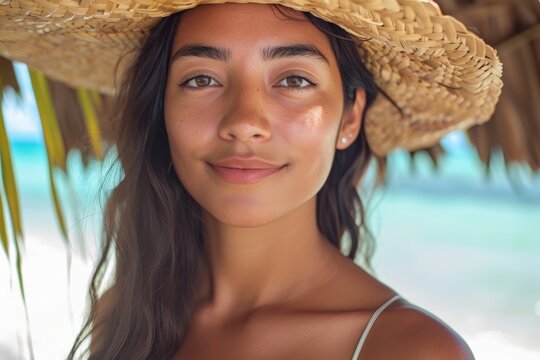 Close-up of a Latina woman with a sun hat, against a beach scene backdrop, depicting a tropical vibe.