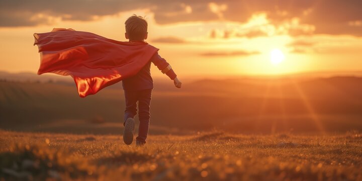 little boy running across the field in a superhero costume with a red cape silhouette at sunset.little boy in sunset dream run through.happy family kid concept. Summer vacation concept