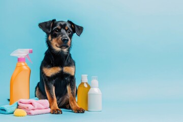 Dog sitting beside cleaning products and towels on a blue background. Studio pet portrait. Pet care and spring cleaning concept. Design for banner, poster with copy space