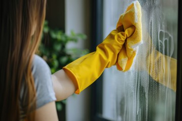 Hand in yellow glove cleaning window glass. Close-up shot with natural light. Home cleanliness and care concept. Design for household poster, banner with space for text. Spring cleaning - obrazy, fototapety, plakaty