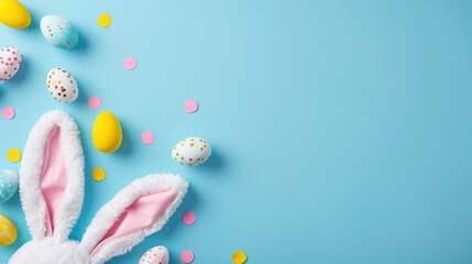 Easter party concept. Top view photo of easter bunny ears white pink blue and yellow eggs on isolated pastel blue background with copyspace in the middle