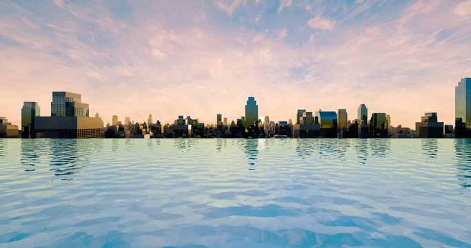 Panoramic aerial view of skyscrapers. Infinity pool and morning urban cityscape. 3D rendering.