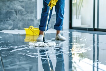 Mopping a shiny floor with a yellow bucket and mop. Spring cleaning and housework concept. Design...