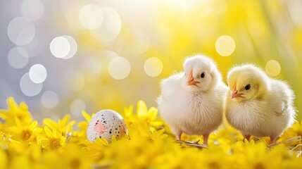 Spring chicks in happy easter background