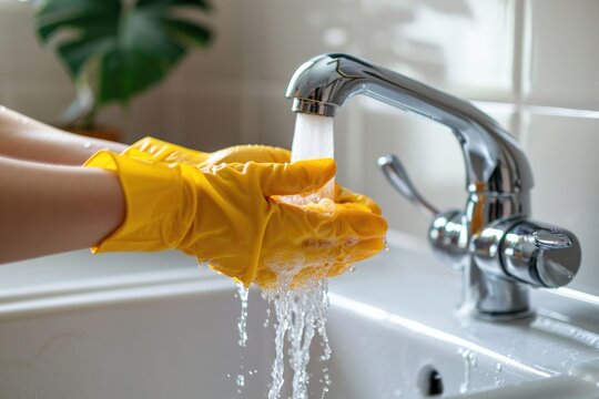 Hands in yellow gloves washing under running water in a sink. Close-up photography. Hygiene and daily chores concept. Spring cleaning, housework, household