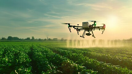 Modern technologies in agriculture. An industrial drone flies over a green field and sprays useful pesticides to increase productivity and destroys harmful insects. increase productivity - obrazy, fototapety, plakaty