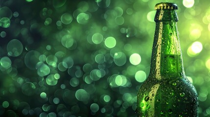 A sweaty green glass beer bottle, St. Patrick’s Day green bokeh background - obrazy, fototapety, plakaty