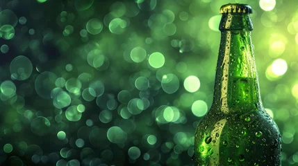 Fotobehang A sweaty green glass beer bottle, St. Patrick’s Day green bokeh background © People