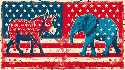 Foto op Aluminium Stylized representations of a donkey and an elephant with the American flag, symbolizing the Democratic and Republican parties. © PhotoGranary