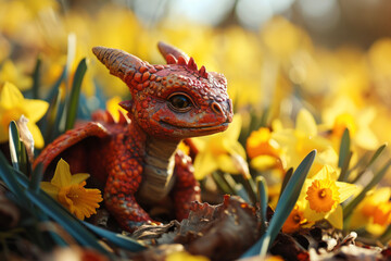 Cute Red Welsh baby dragon in yellow daffodil flowers, card for St David's Day Holiday celebration in Wales, UK. Background with space for text.