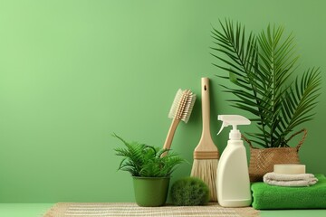 Cleaning brush and green spray bottle with fresh towels and plant on a bamboo mat. Eco-friendly...