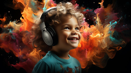 Cute little girl listening to music in headphones on bright background. - obrazy, fototapety, plakaty