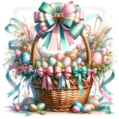 An illustration of an Easter basket with ribbons and bows, rendered in watercolor style.